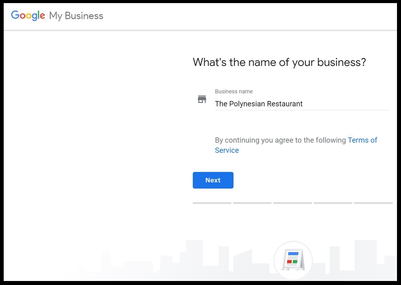 Vantaggi di Google My Business: configurazione semplice di Googly My Business digitando prima il nome del ristorante
