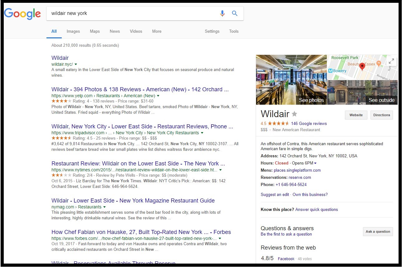 Vantaggi di Google My Business: il ristorante Wildair si distingue dalla massa sul lato destro della pagina.