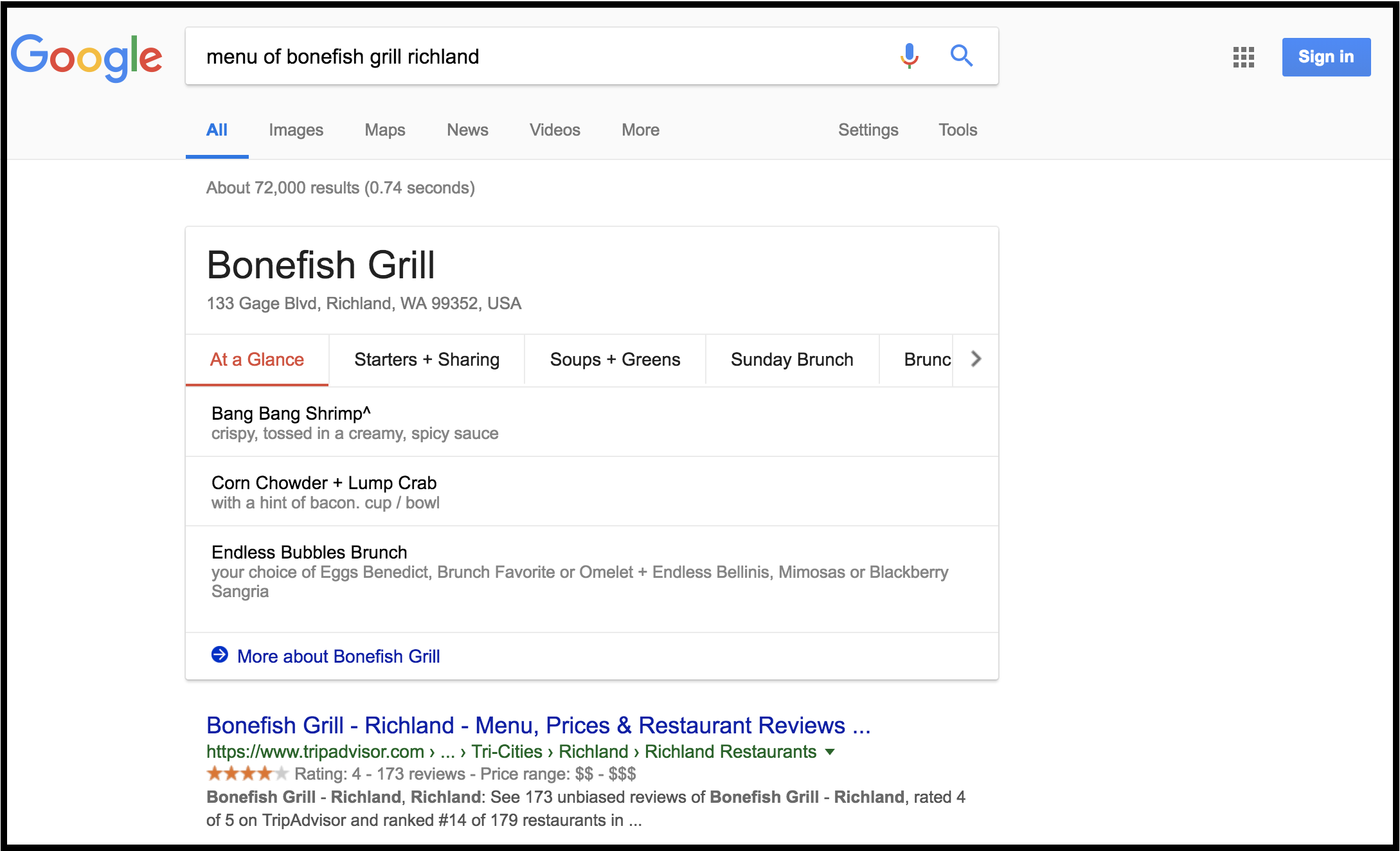 Google visualizza il menu di Bonefish Grill direttamente nella pagina dei risultati di ricerca